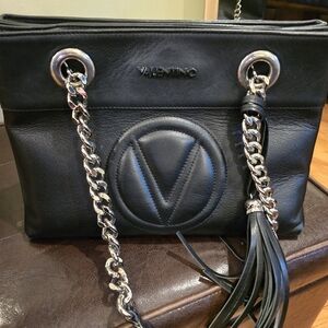Mario Valentino Black Shoulder Bag with Embossed Logo